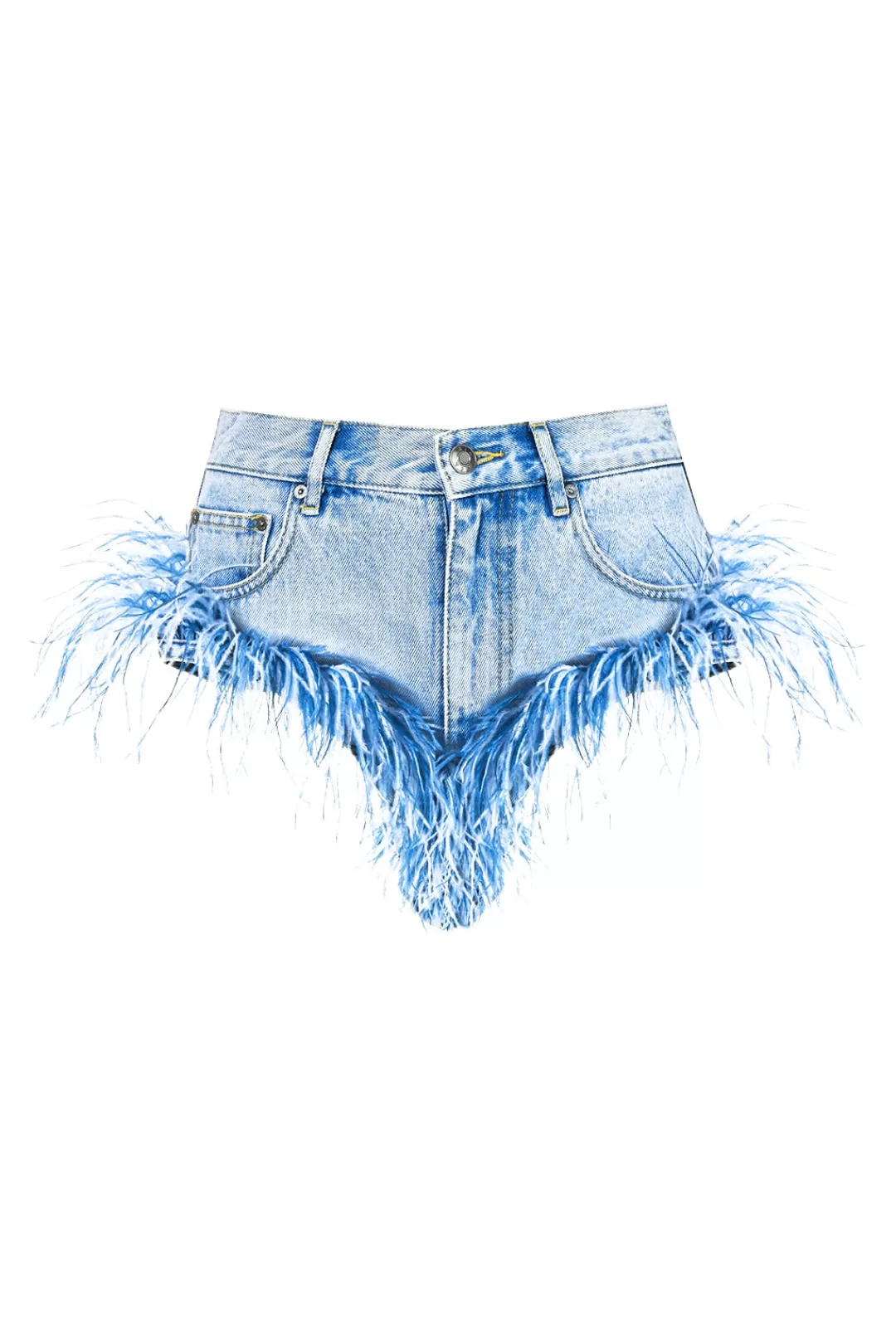 Women Area Feather Trim Light Denim Shorts