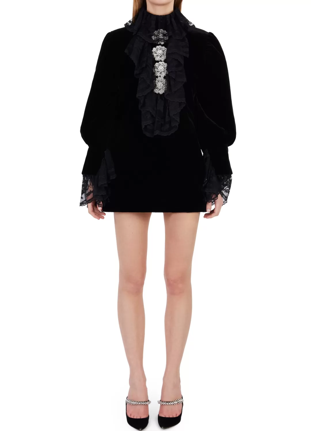 Women Richard Quinn Runway Velvet Lace Frill Mini Dress