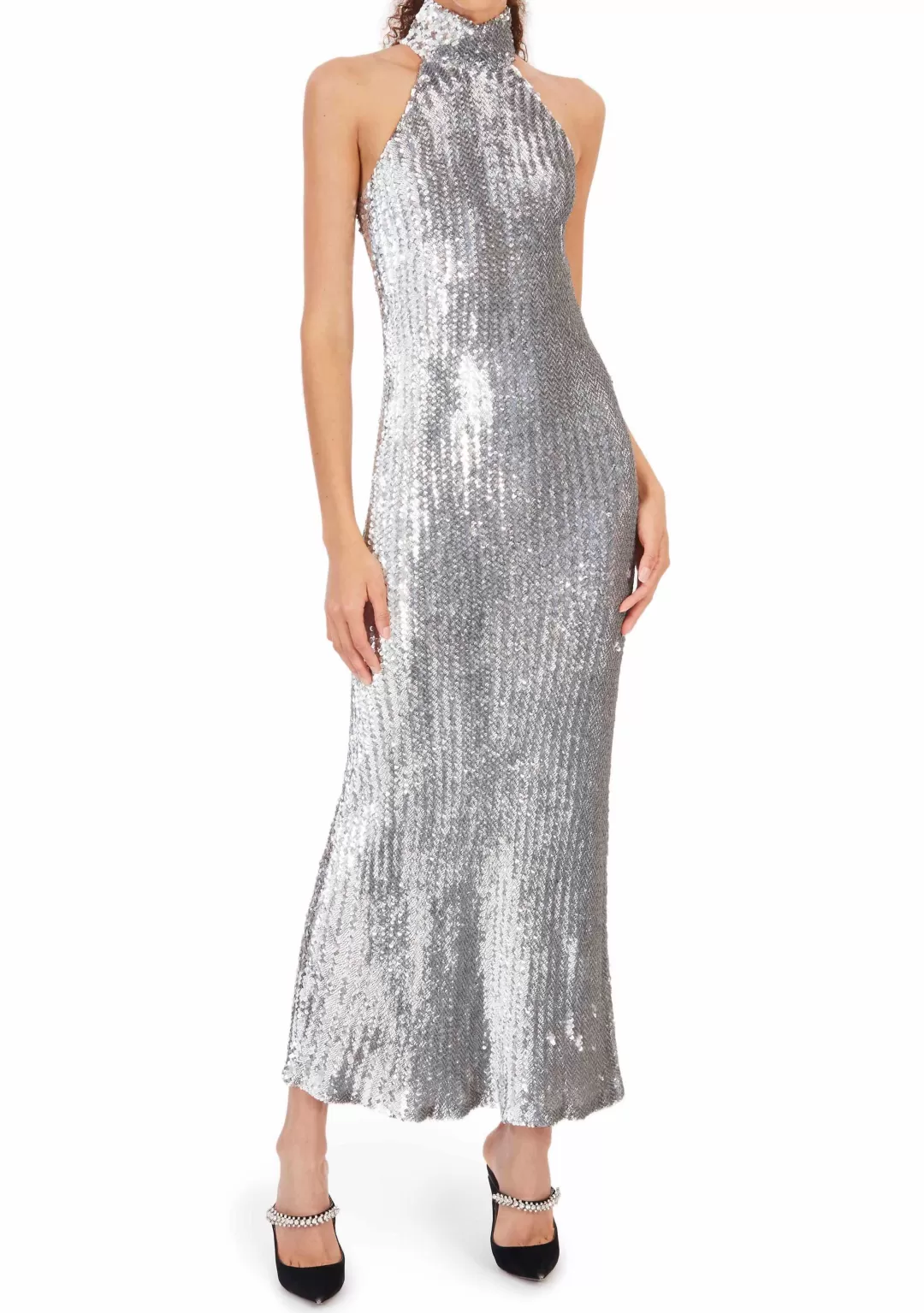 Women Ashish Silver Sequin Mermaid Halter Dress