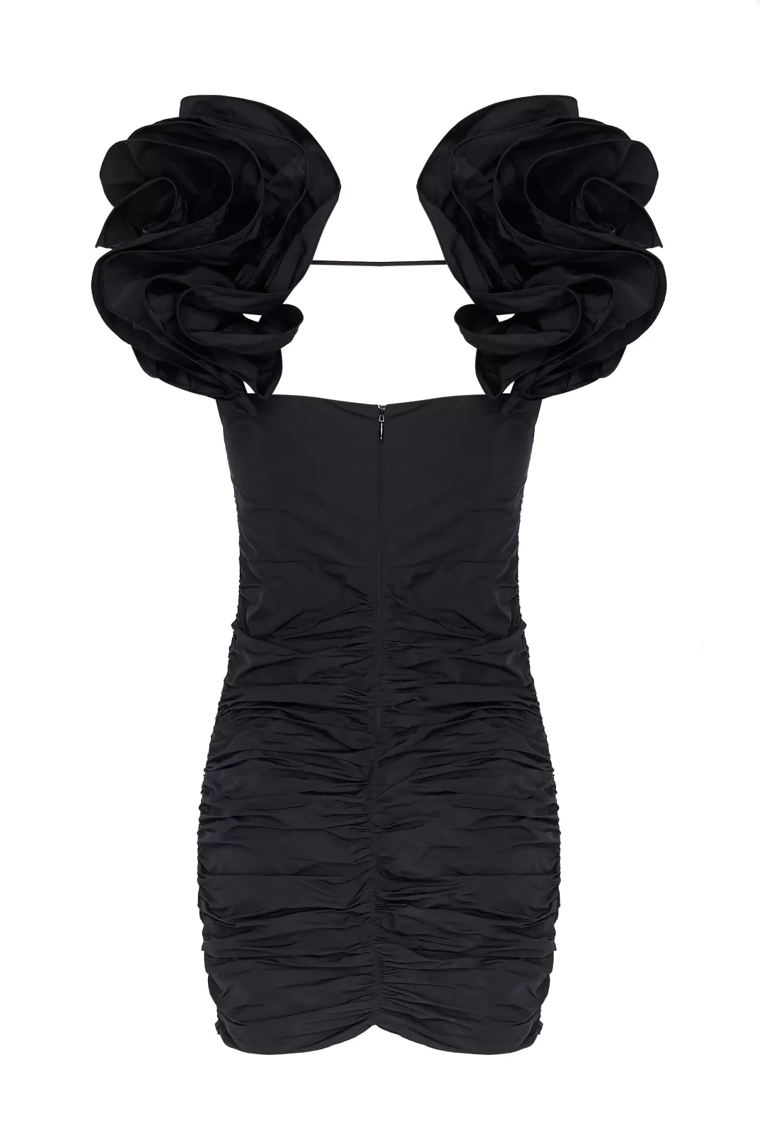 Women Alessandra Rich Tarfetta Rushed Black Mini Dress